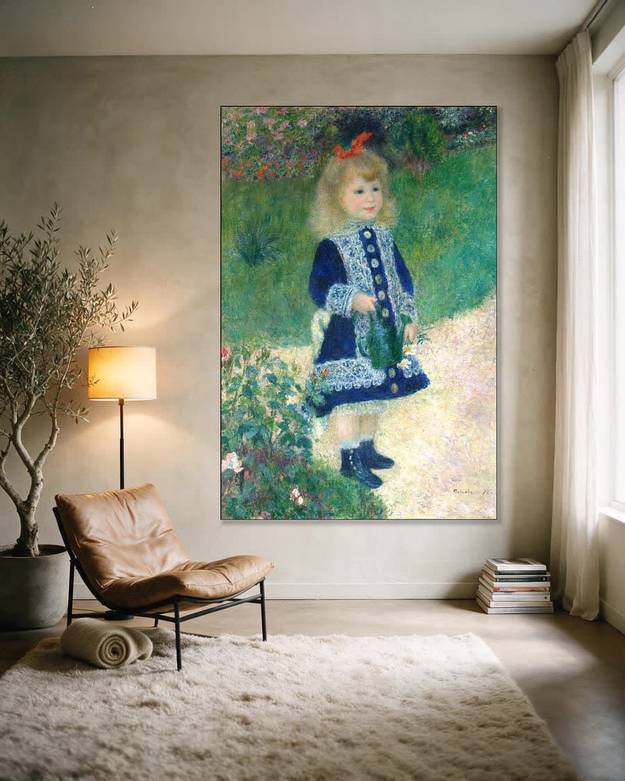Meisje met gieter in een aluminium frame aan dezelfde muur