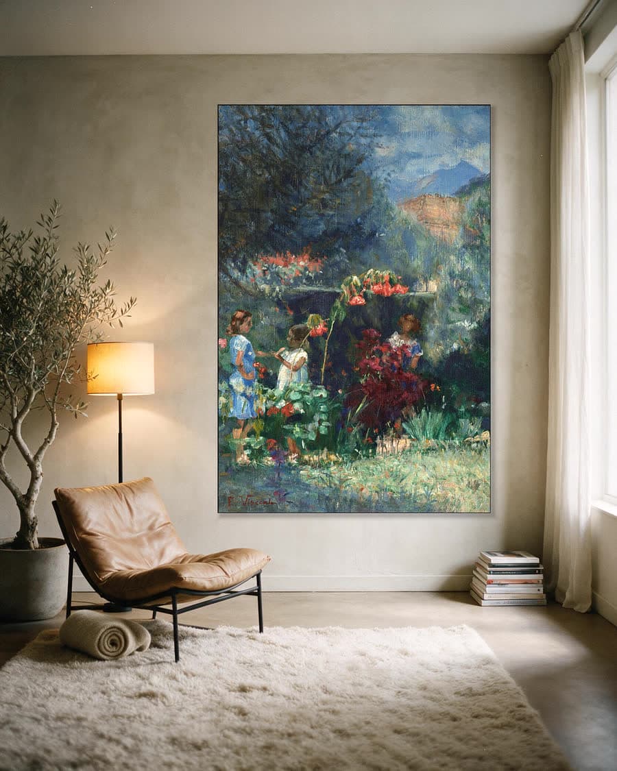Drie meisjes in de tuin in een aluminium frame aan dezelfde muur
