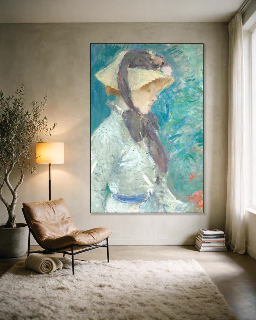 Jonge vrouw met strohoed in een aluminium frame aan dezelfde muur