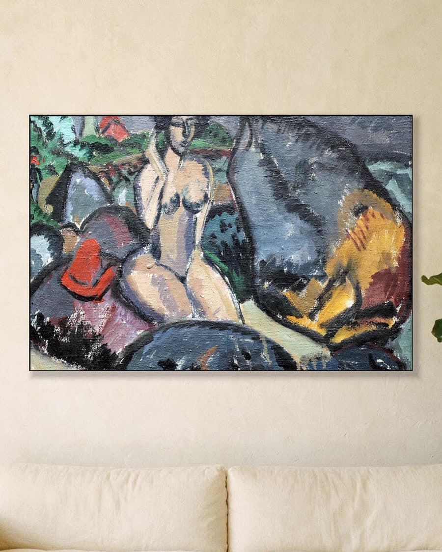 Badende tussen de rotsen in een aluminium frame aan dezelfde muur
