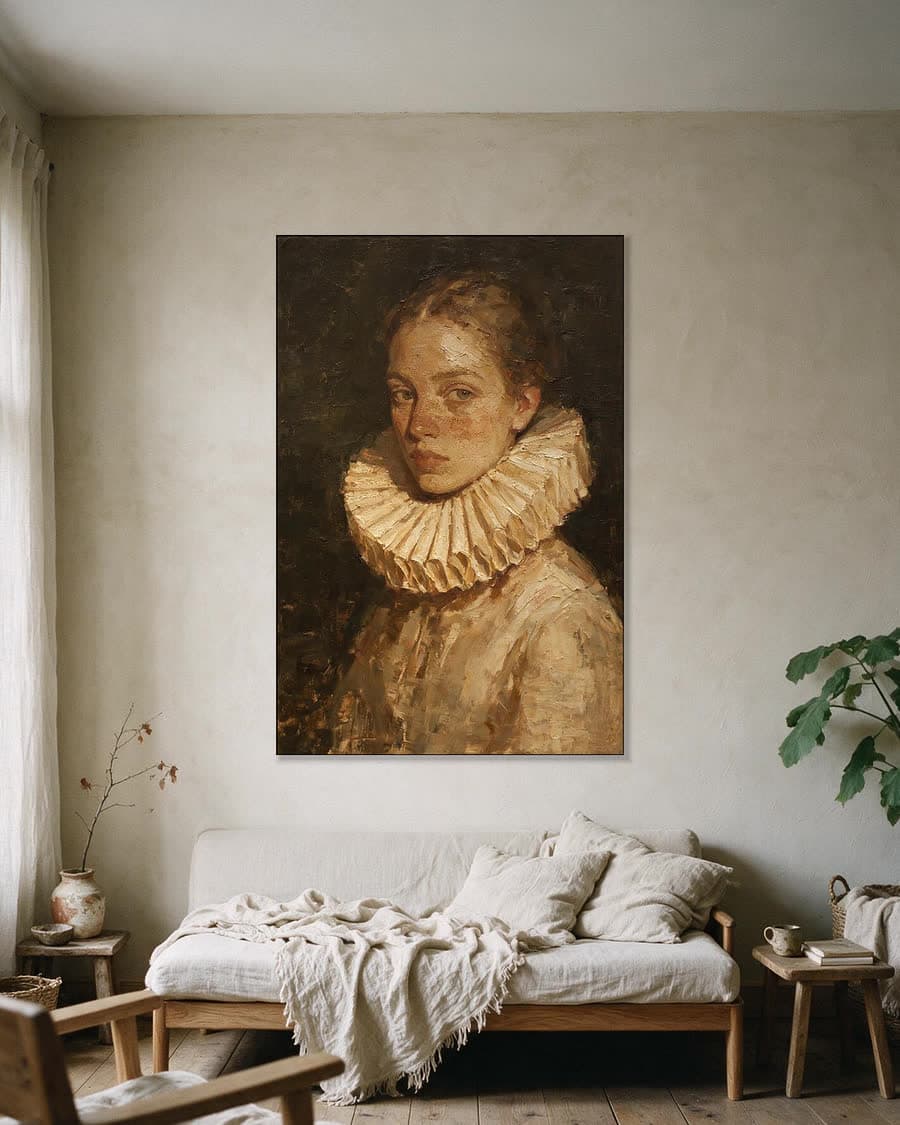 Meisje met kraag in een aluminium frame aan dezelfde muur