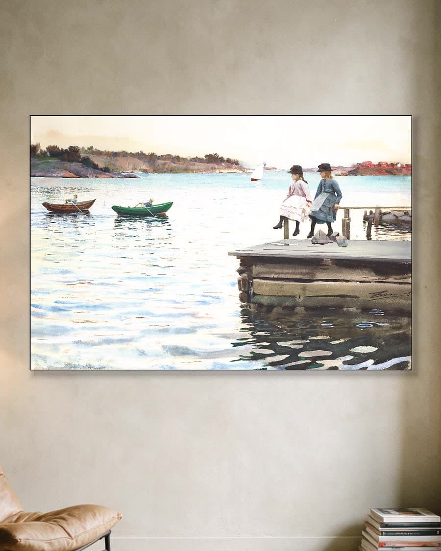 Meisjes aan de kade in een aluminium frame aan dezelfde muur