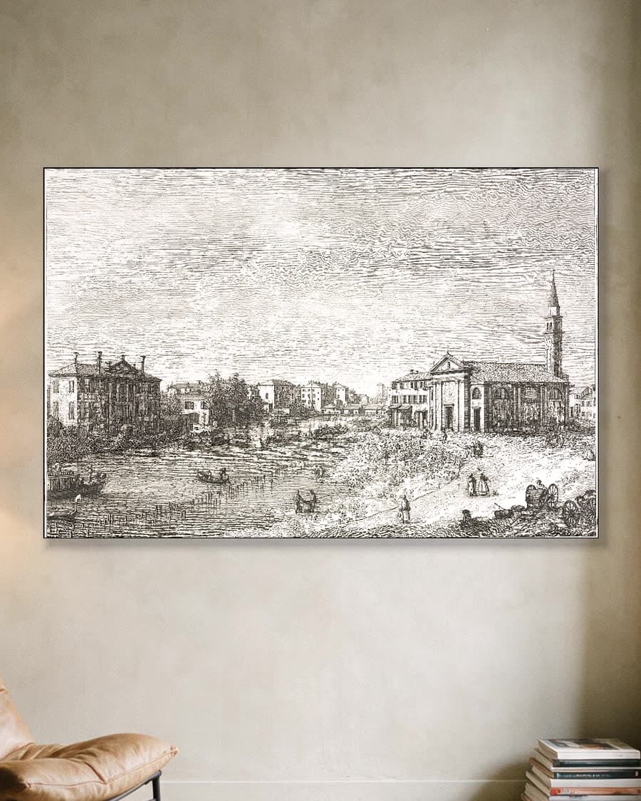 Stadsgezicht aan de rivier in een aluminium frame aan dezelfde muur
