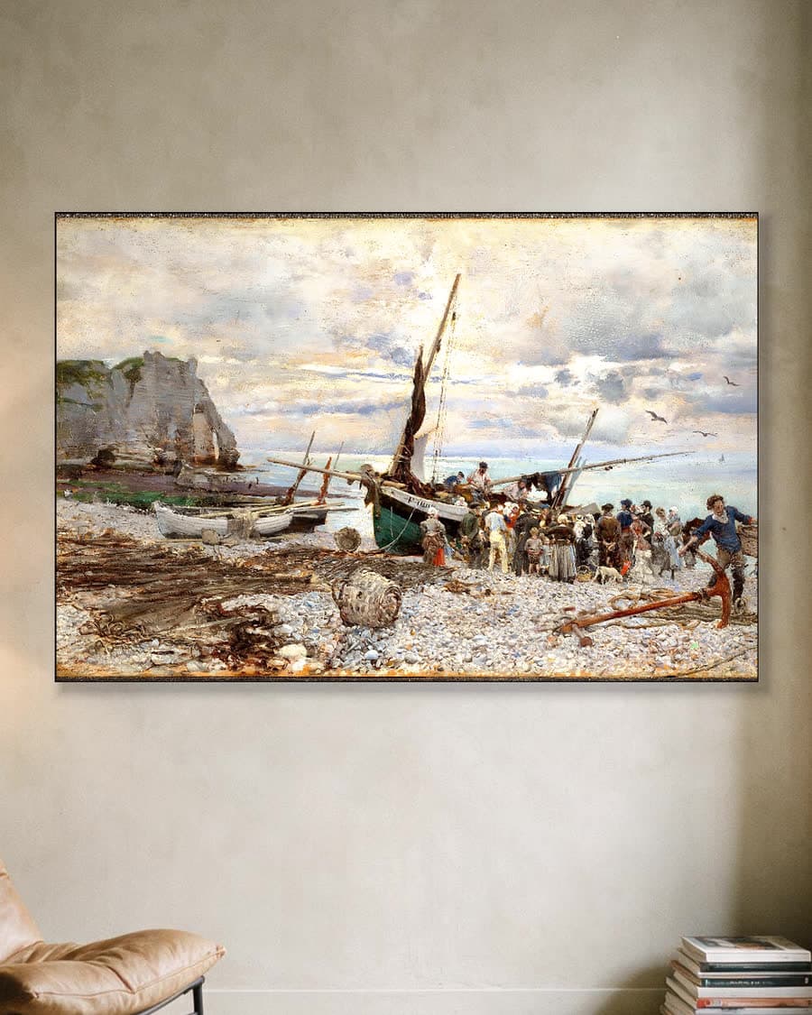 Return of the Fishing Boats, Étretat (1879) in een aluminium frame aan dezelfde muur