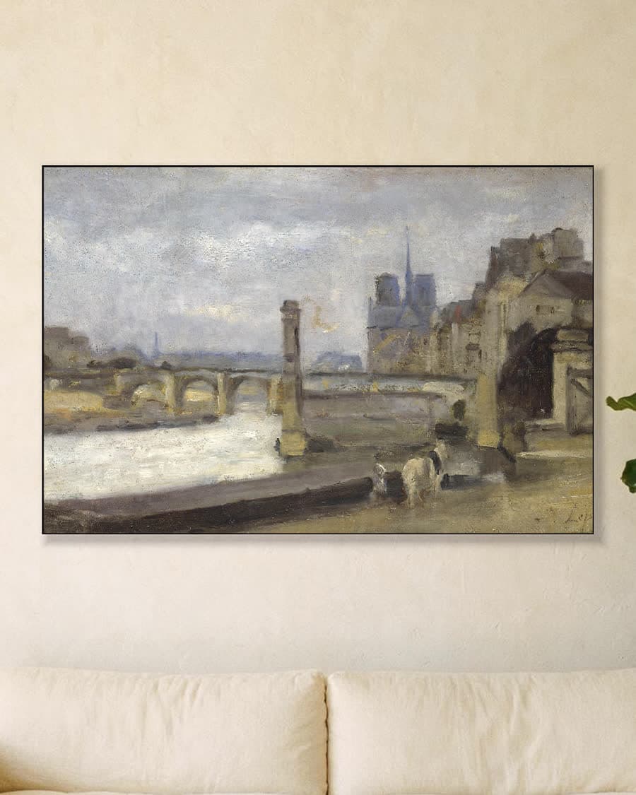Gezicht op de Seine met Notre Dame in een aluminium frame aan dezelfde muur