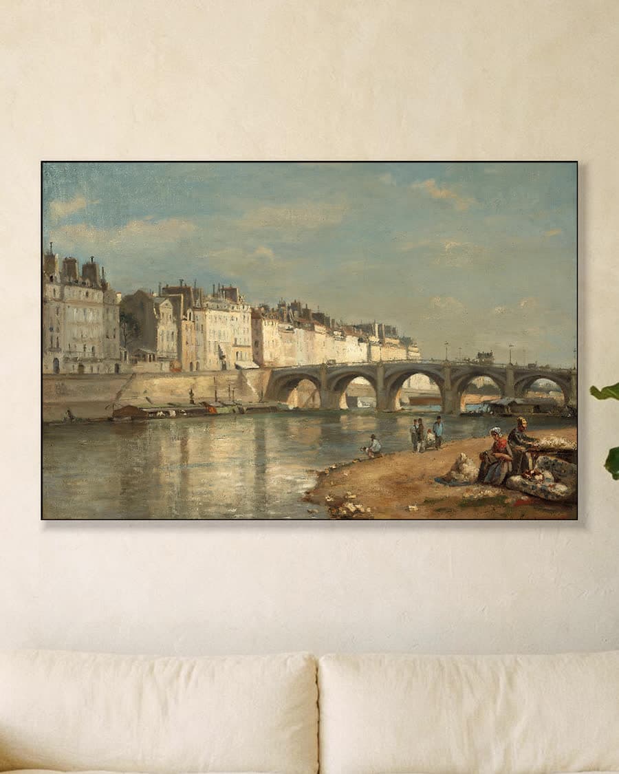 Stadsleven aan de Seine in een aluminium frame aan dezelfde muur
