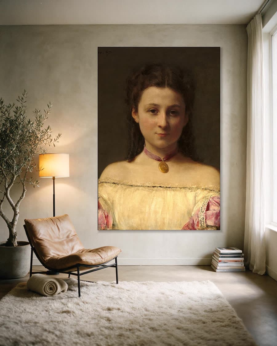 Mejuffrouw de Fitz-James in een aluminium frame aan dezelfde muur