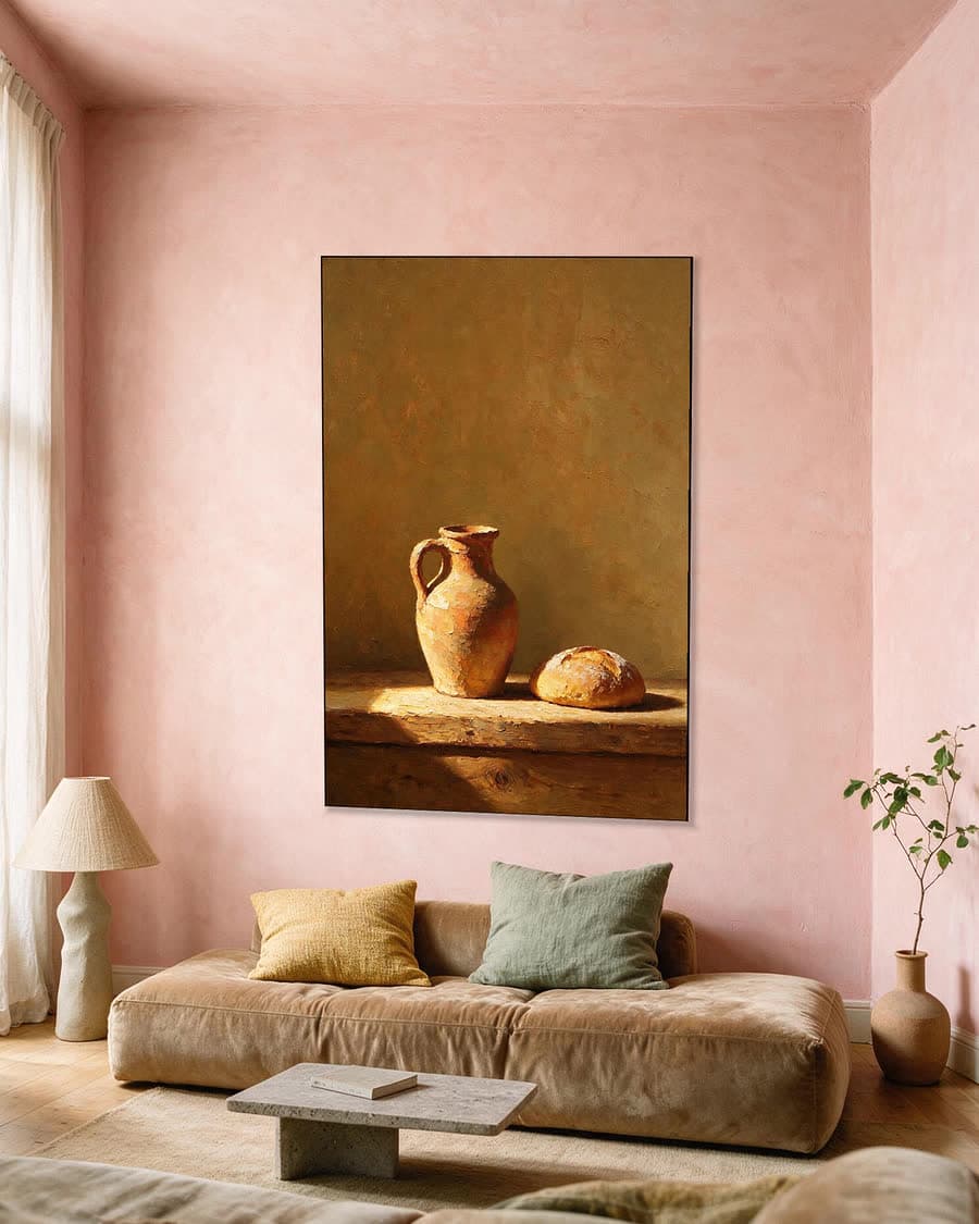 Melkkan en brood in een aluminium frame aan dezelfde muur