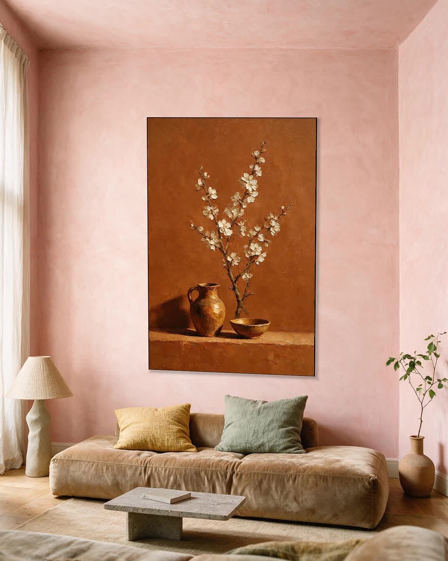 Bloesemtak in een kruik in een aluminium frame aan dezelfde muur