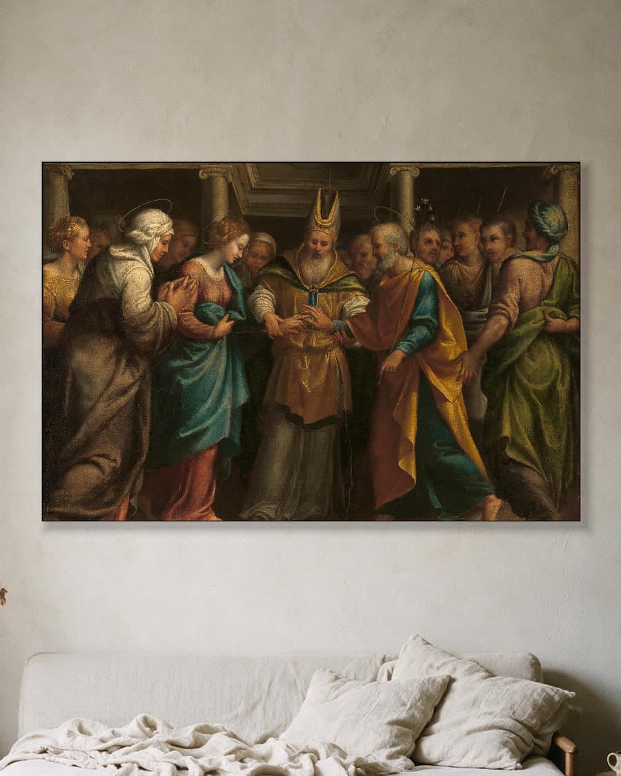 Het huwelijk van Maria met Jozef in een aluminium frame aan dezelfde muur