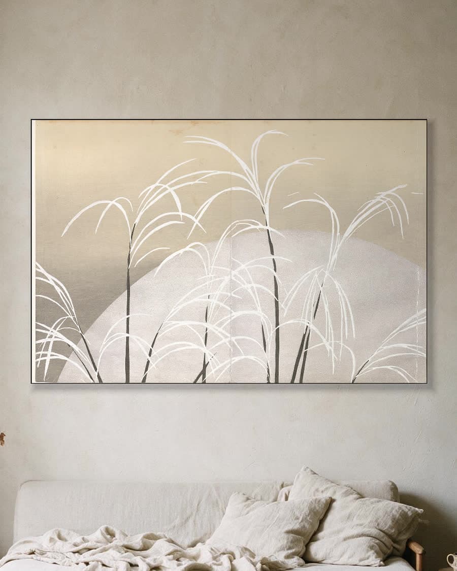 Pampas Grass in Moonlight (Obana ni tsuki) in een aluminium frame aan dezelfde muur