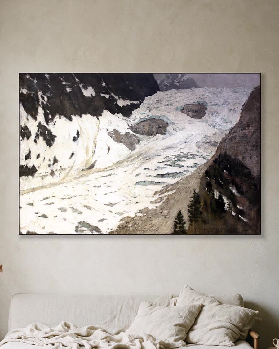 Alpenlandschap met Gletsjer in een aluminium frame aan dezelfde muur