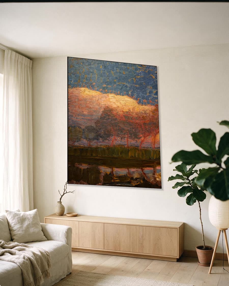 Rij van elf populieren in rood, geel, blauw en groen in een aluminium frame aan dezelfde muur