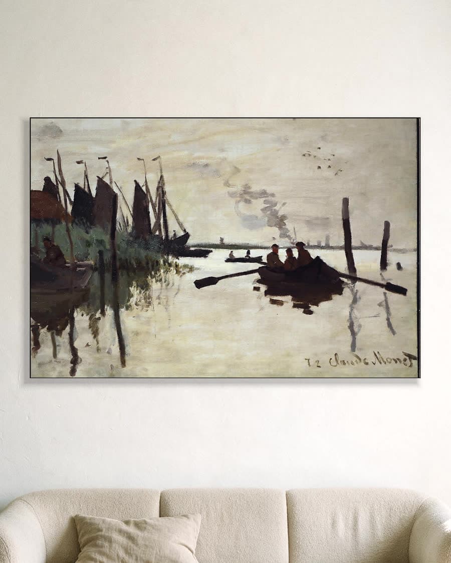 Molen en boten bij Zaandam in een aluminium frame aan dezelfde muur