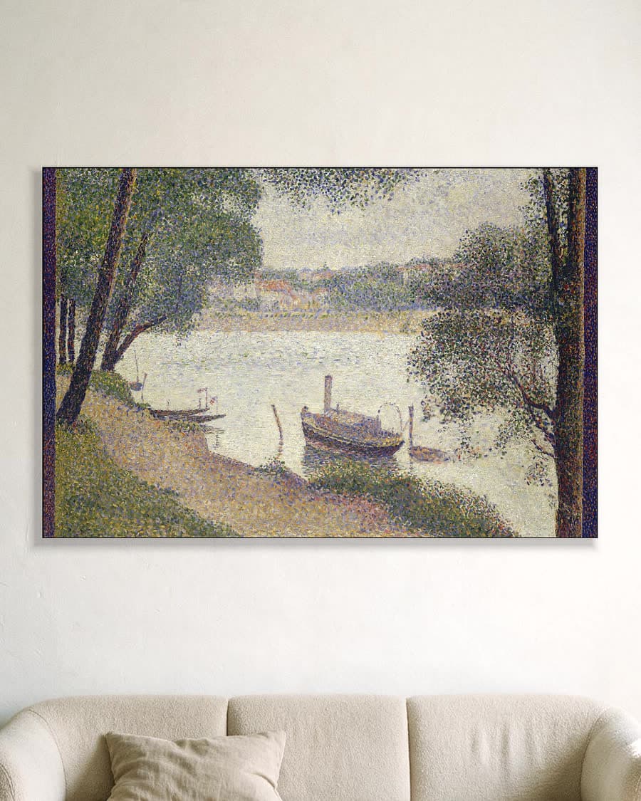Grijze dag op de Grande Jatte in een aluminium frame aan dezelfde muur