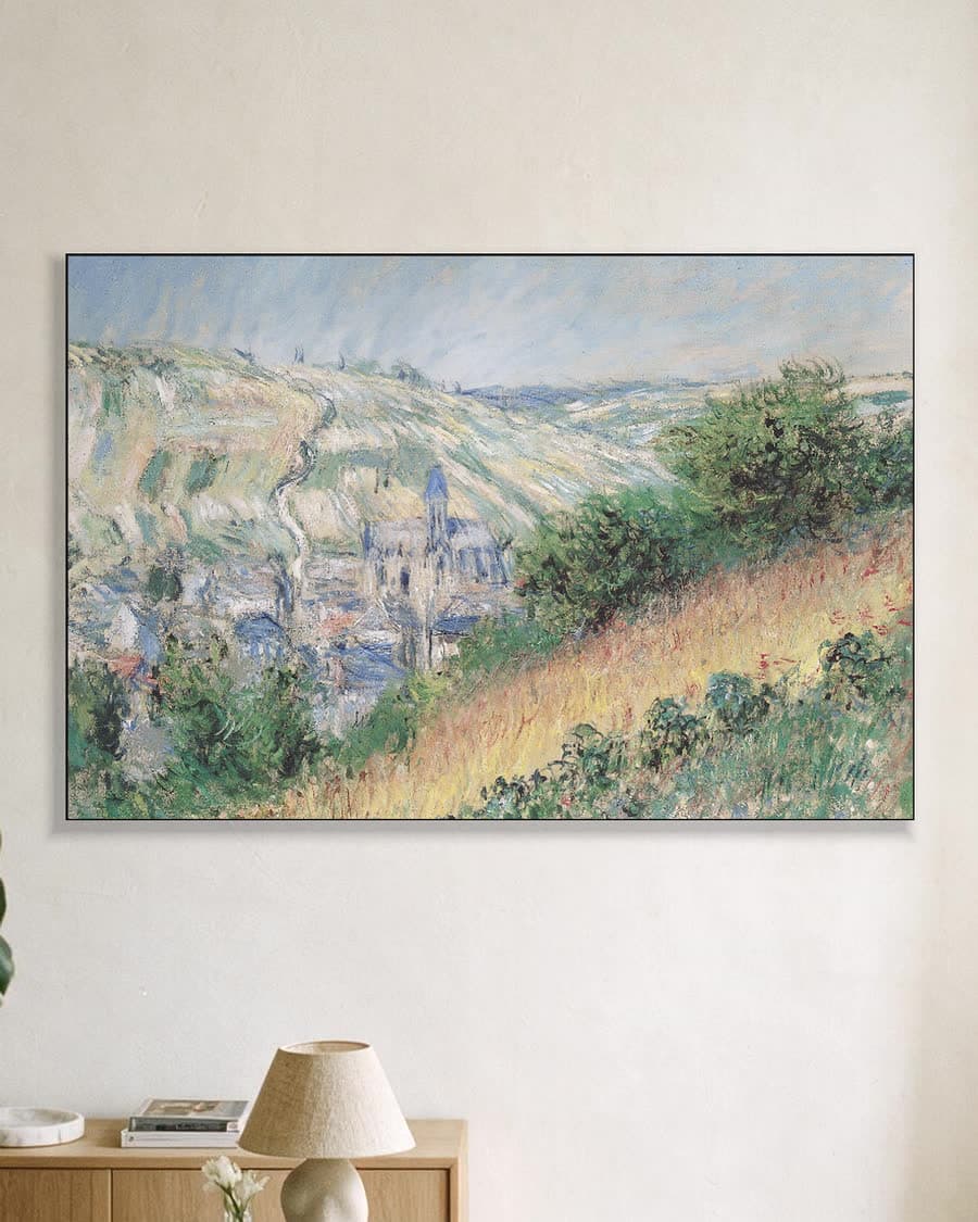 Gezicht op Vétheuil in een aluminium frame aan dezelfde muur