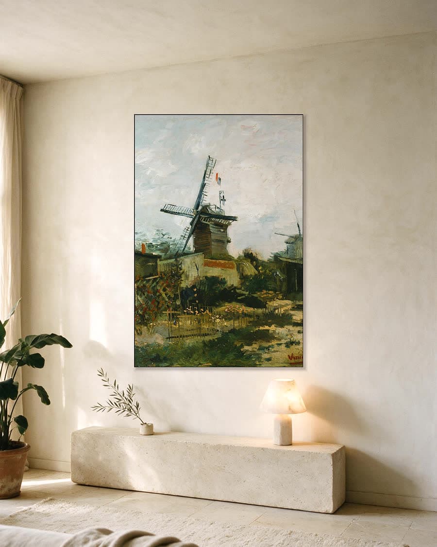 Molens op Montmartre in een aluminium frame aan dezelfde muur