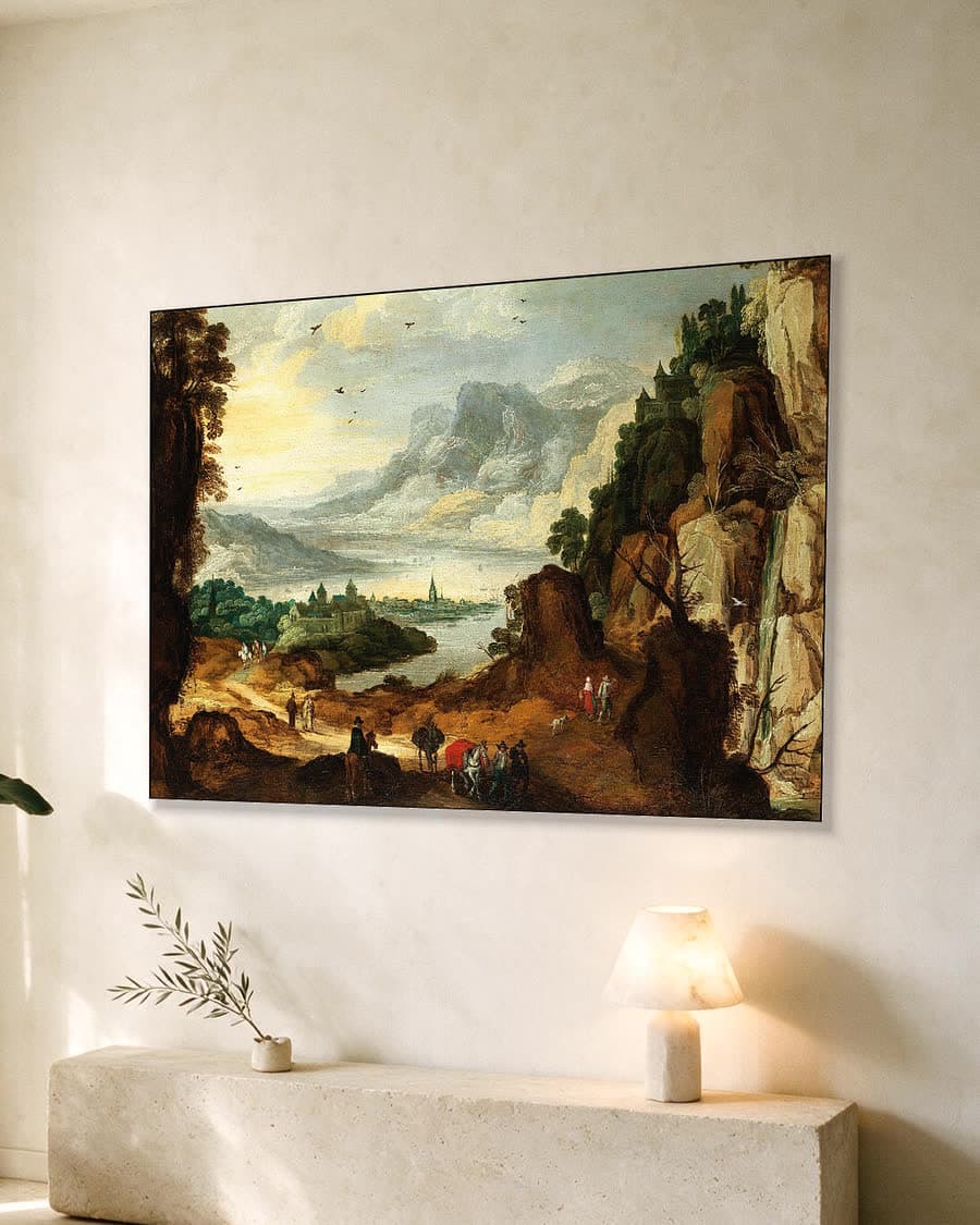 Berglandschap met rivier en stad in een aluminium frame aan dezelfde muur