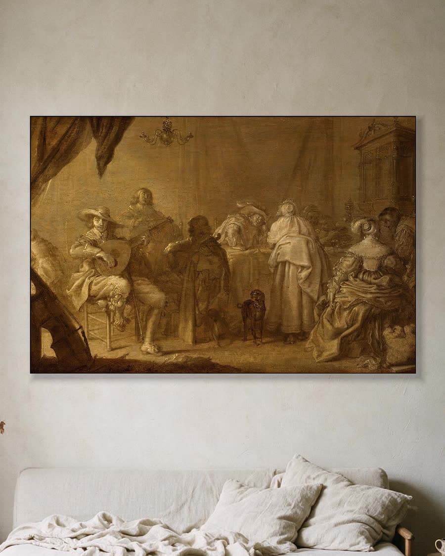 Musicerend gezelschap in een aluminium frame aan dezelfde muur