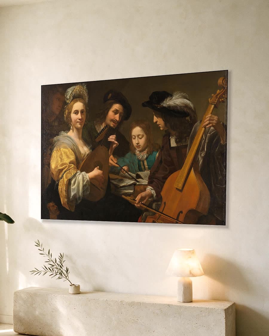 Musicerend gezelschap in een aluminium frame aan dezelfde muur