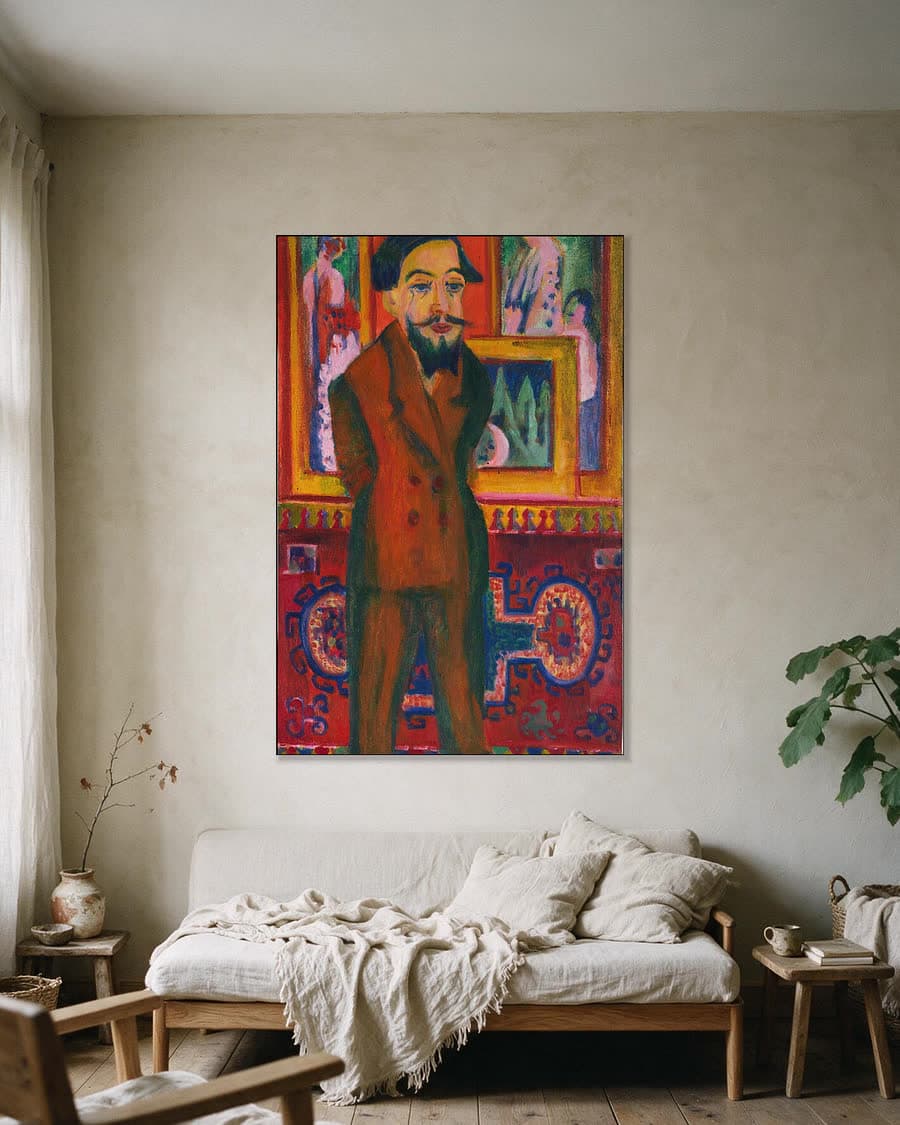 Mannenportret van L. Schames in een aluminium frame aan dezelfde muur