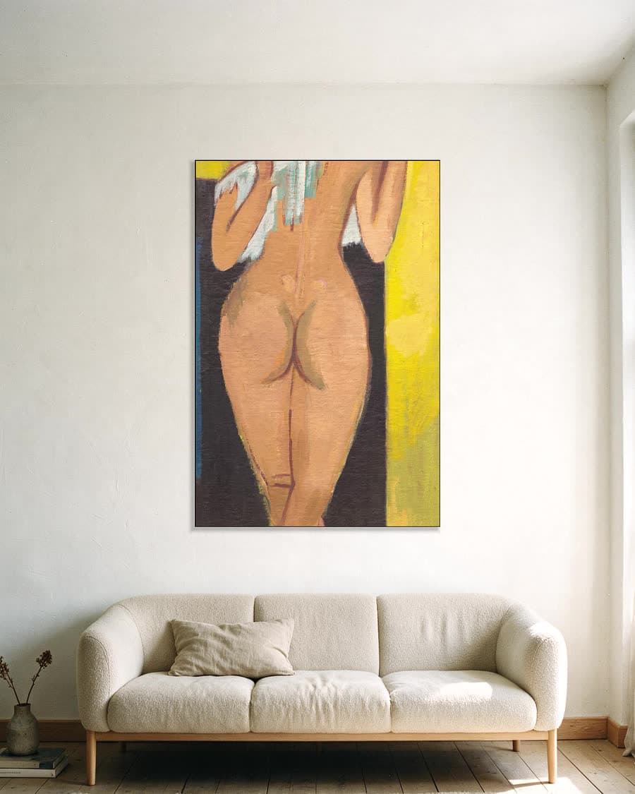 Naaktfiguur in een aluminium frame aan dezelfde muur