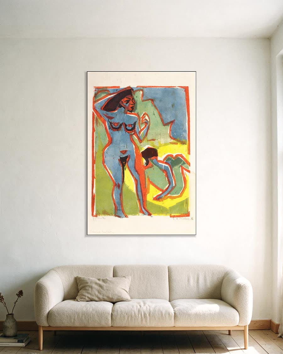 Badende vrouwen bij Moritzburg in een aluminium frame aan dezelfde muur