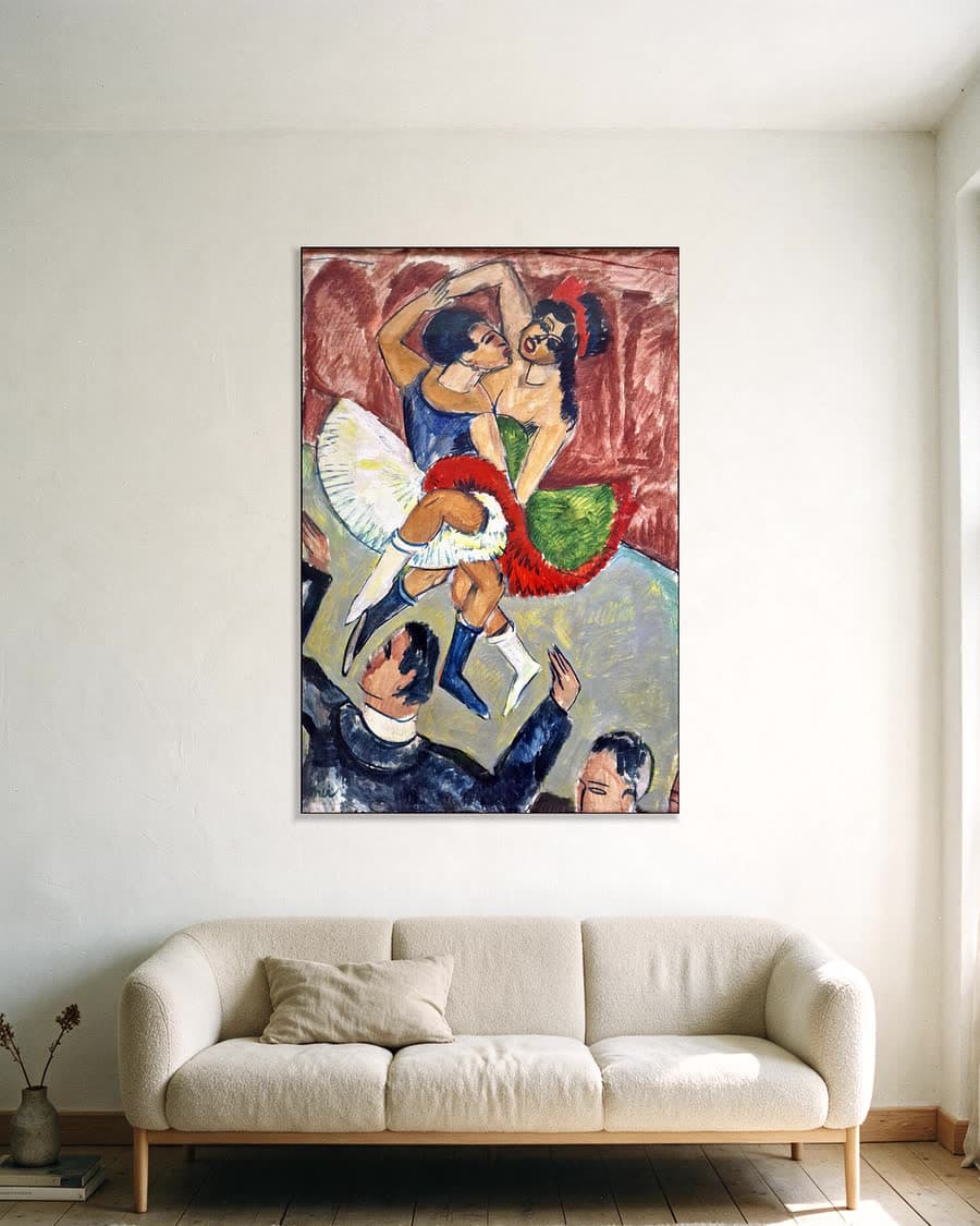Dans, circusscène in een aluminium frame aan dezelfde muur