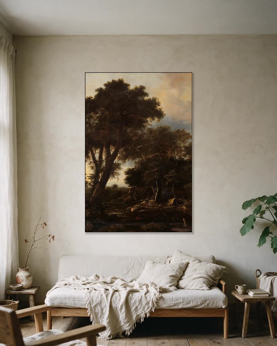 Boslandschap met hut in een aluminium frame aan dezelfde muur