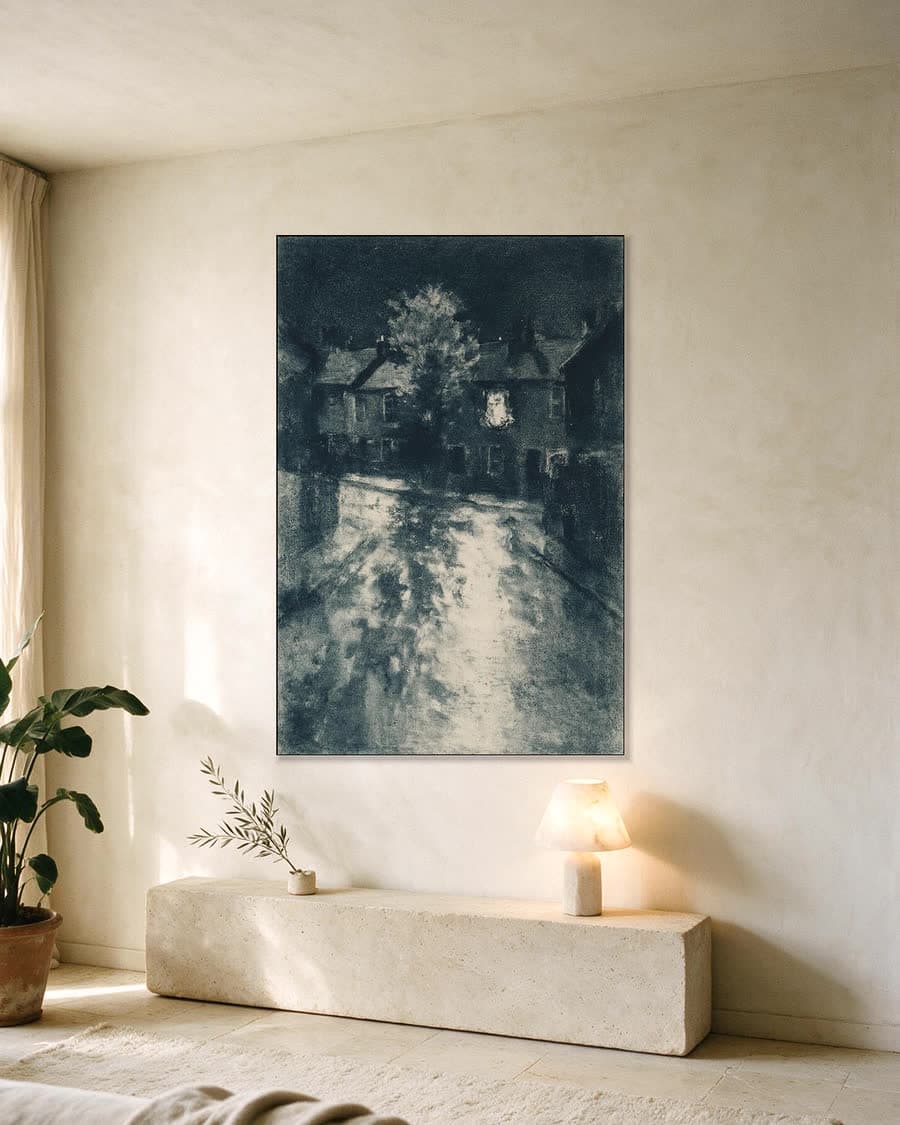 Nachtelijke straat in een aluminium frame aan dezelfde muur
