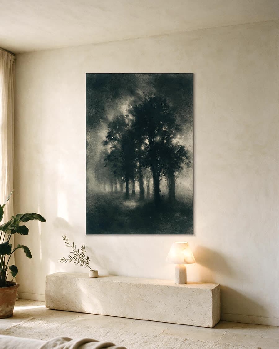 Bomen in de mist in een aluminium frame aan dezelfde muur