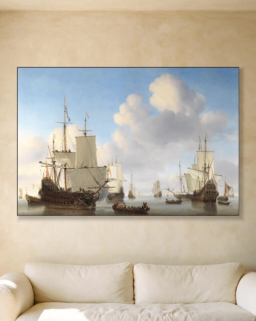Nederlandse oorlogsschepen op een kalme zee in een aluminium frame aan dezelfde muur