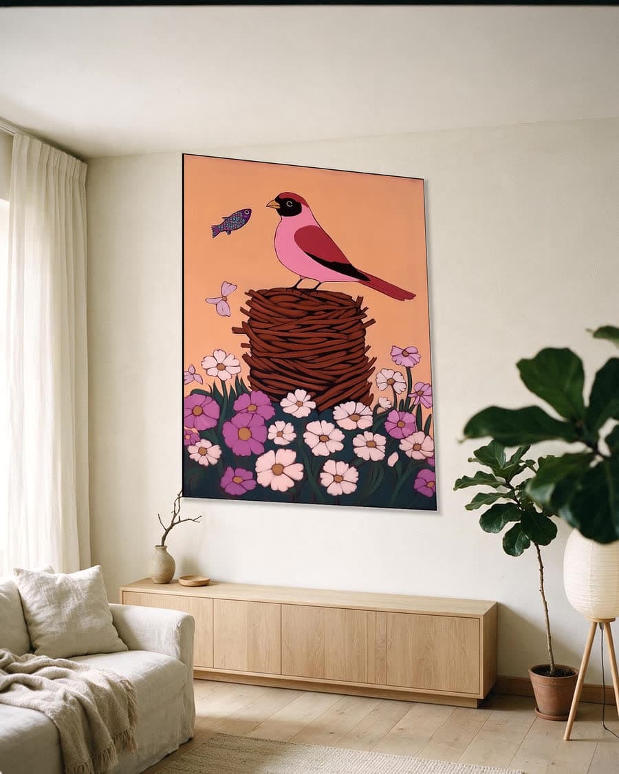 Nest boven de kosmea in een aluminium frame aan dezelfde muur