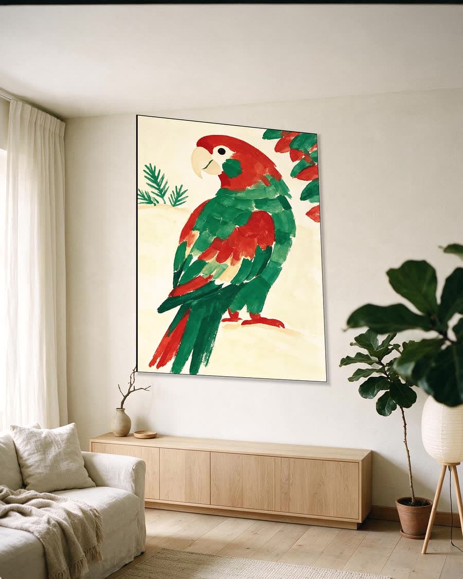 Papegaai op zand in een aluminium frame aan dezelfde muur