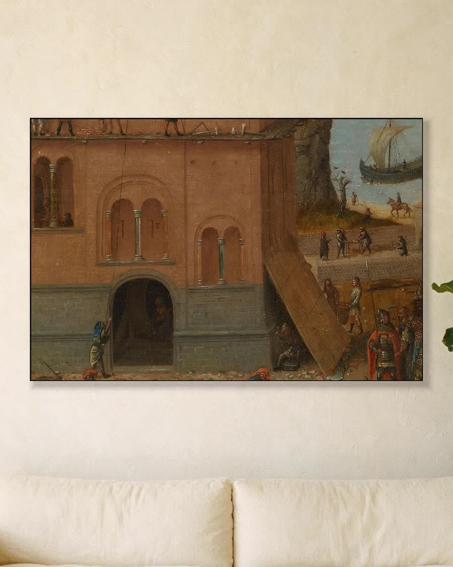 De toren van Babel in een aluminium frame aan dezelfde muur