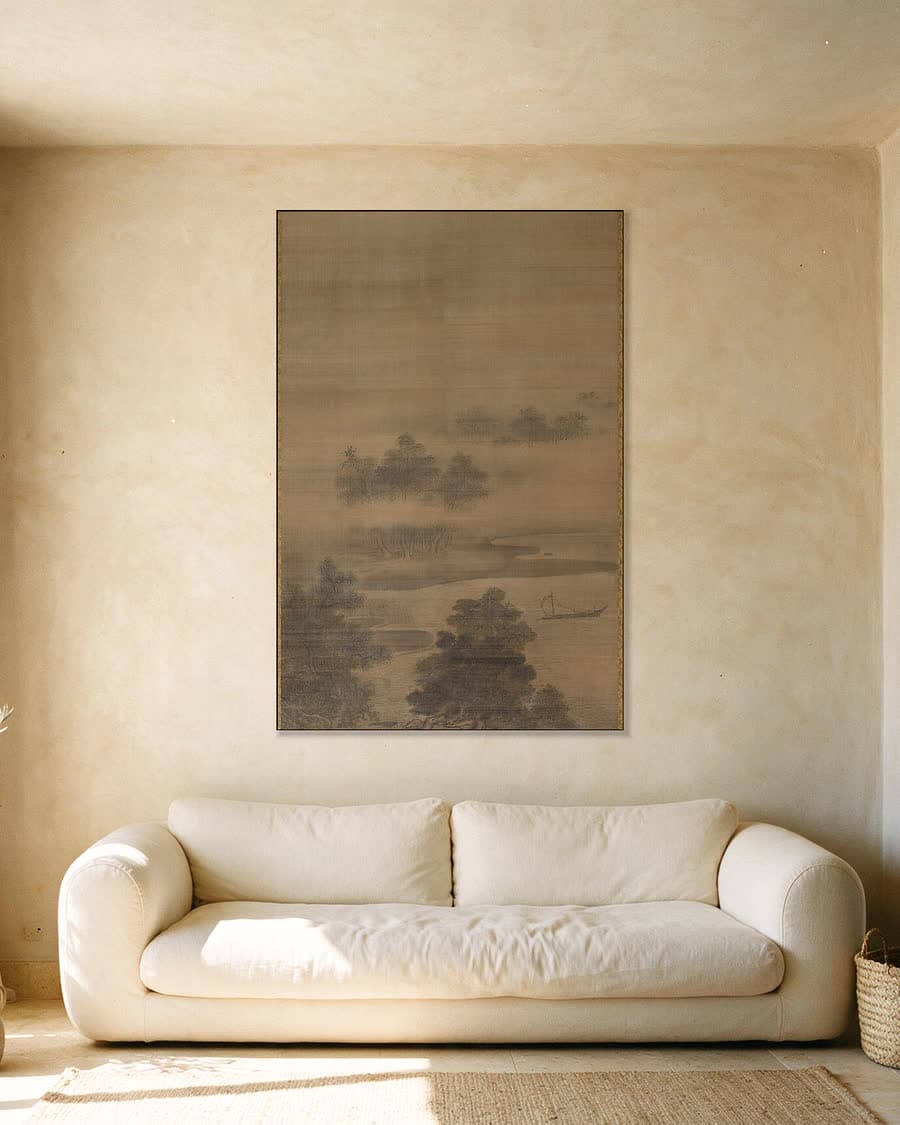 Nevelig Rivierlandschap in een aluminium frame aan dezelfde muur