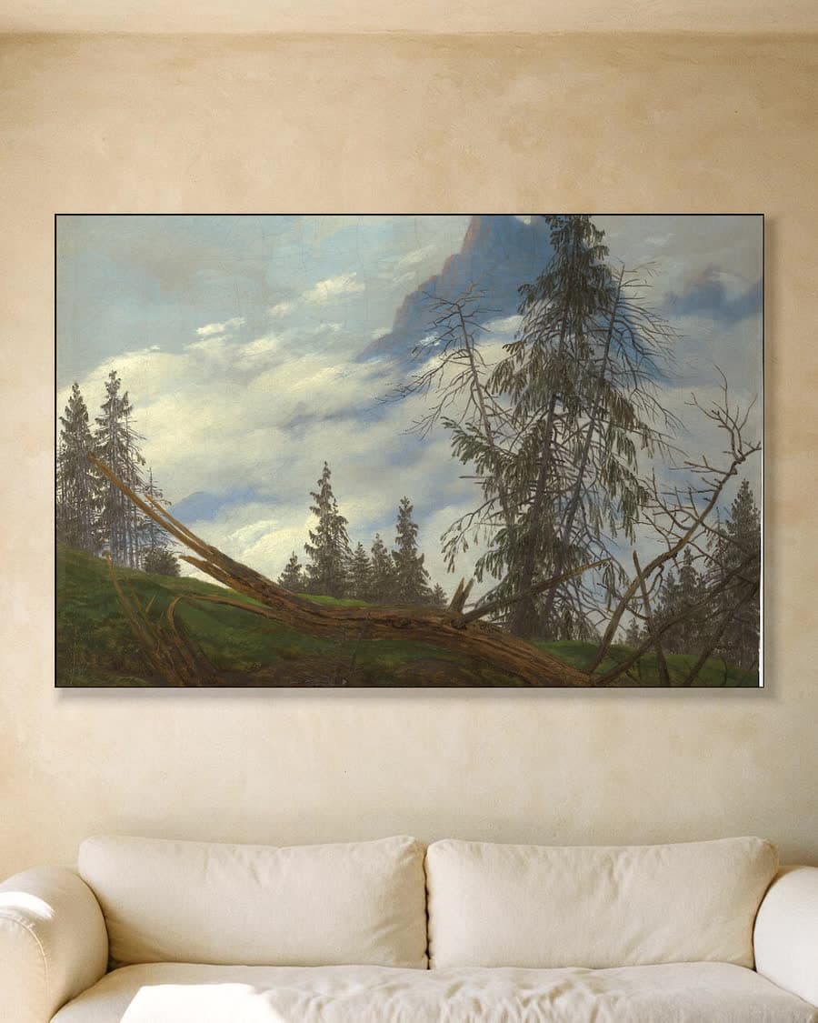 Berglandschap met omgevallen boom in een aluminium frame aan dezelfde muur