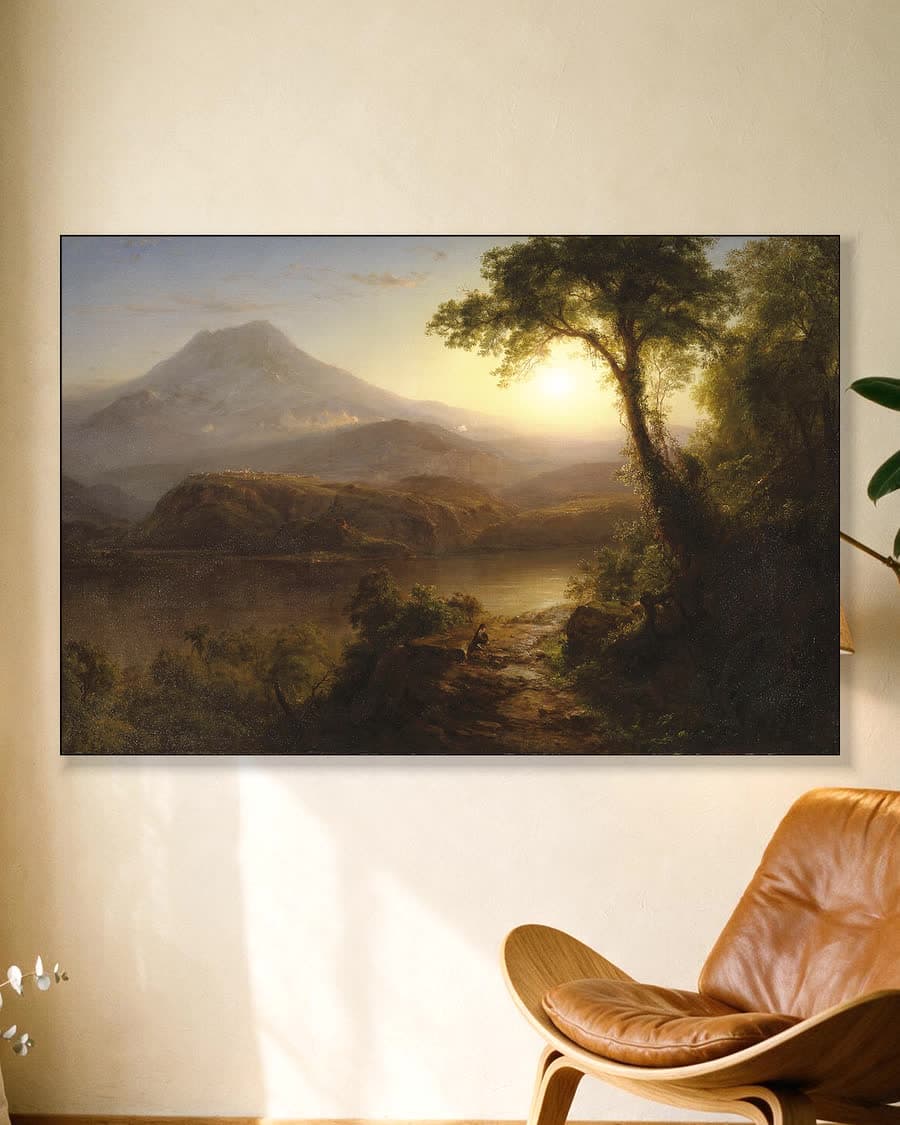 Gouden gloed over het meer in een aluminium frame aan dezelfde muur