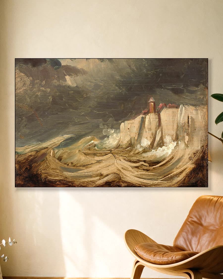 Noodweer aan de kust in een aluminium frame aan dezelfde muur