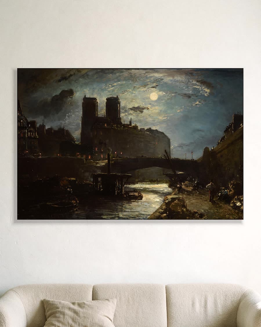Notre Dame bij maanlicht in een aluminium frame aan dezelfde muur