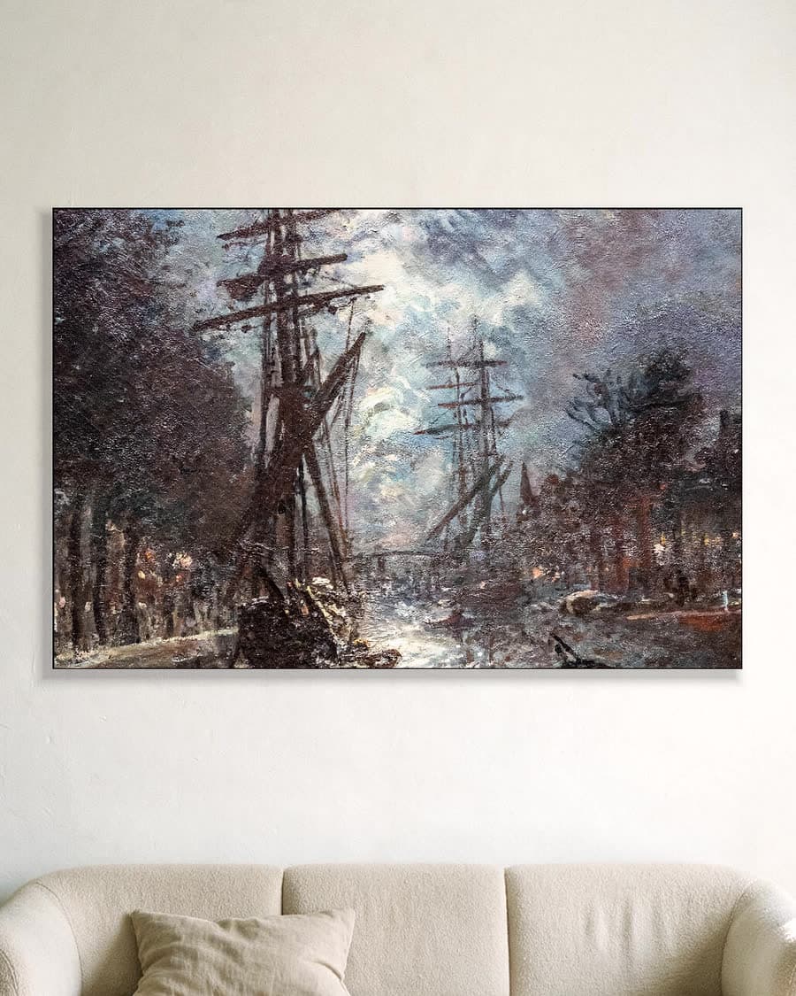 Maanlicht boven de gracht in een aluminium frame aan dezelfde muur