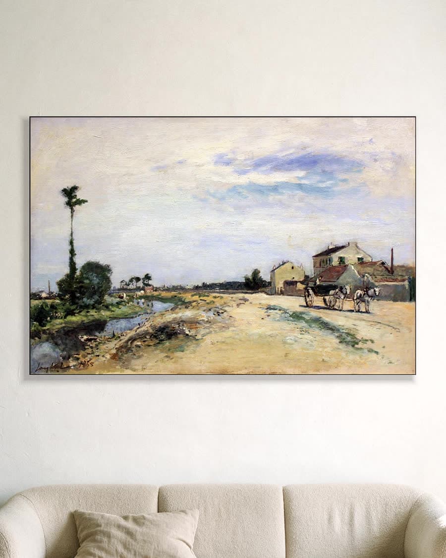 Landelijke weg met paard en wagen in een aluminium frame aan dezelfde muur