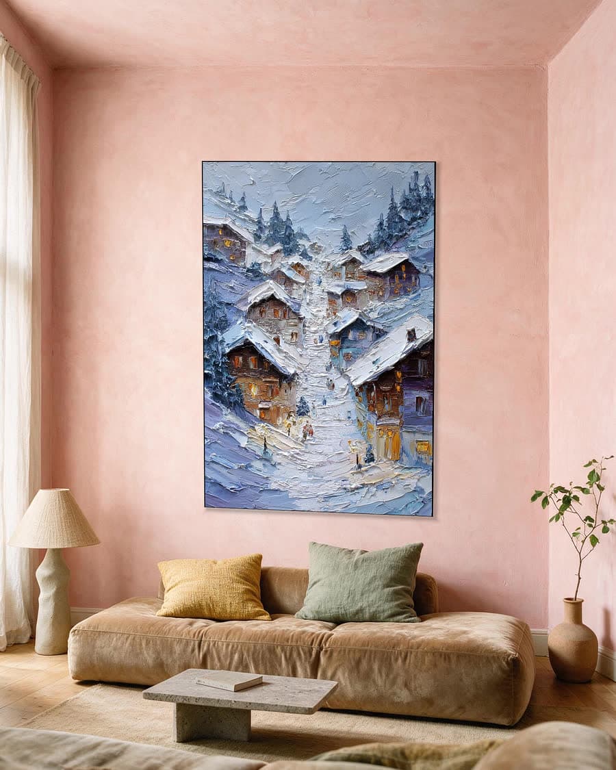 Bergdorp bij avond in een aluminium frame aan dezelfde muur