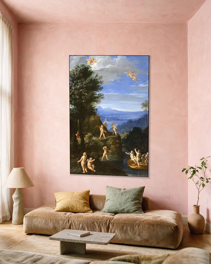 Spelende Amoretten in een aluminium frame aan dezelfde muur
