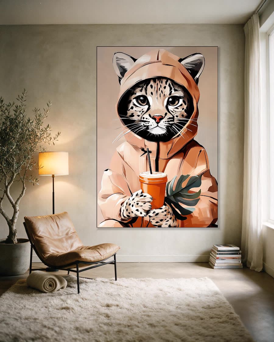 Ocelot in zijn hoodie in een aluminium frame aan dezelfde muur