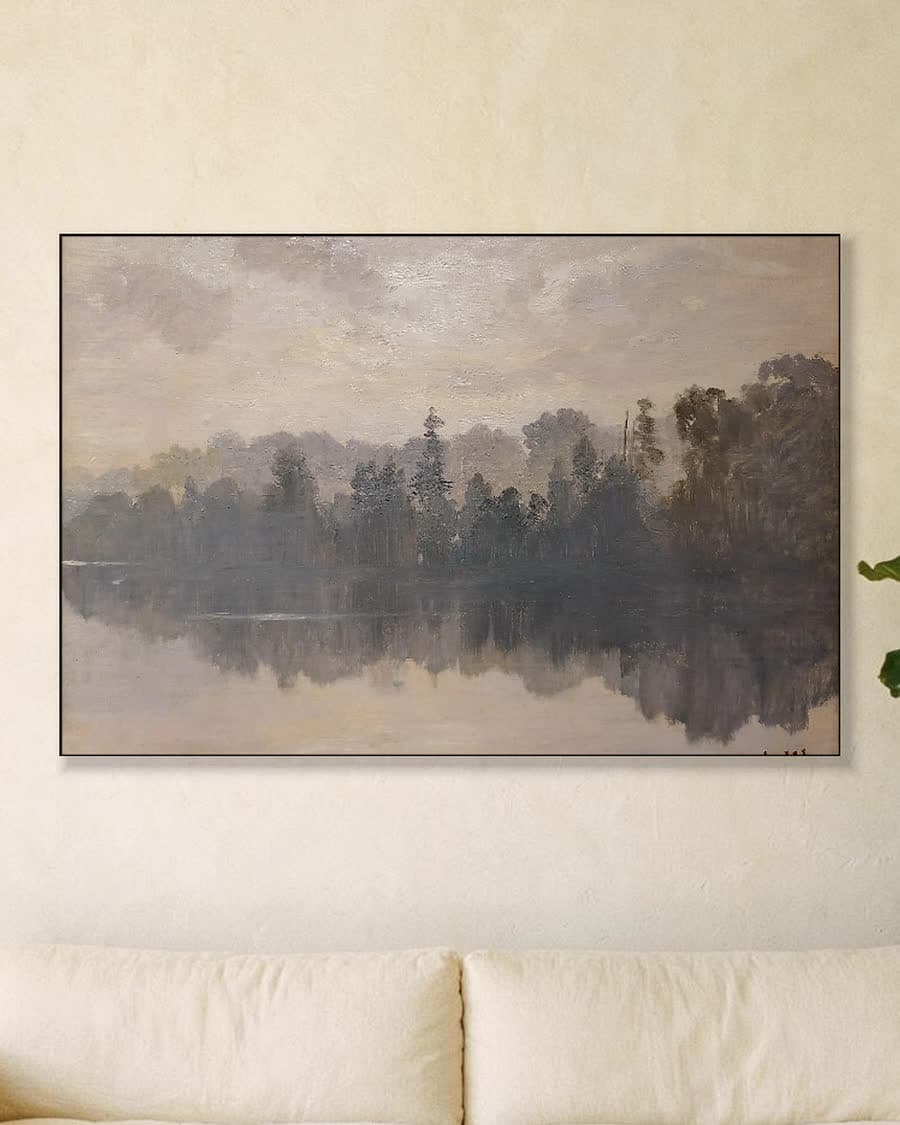Krestovski-eiland in de mist in een aluminium frame aan dezelfde muur