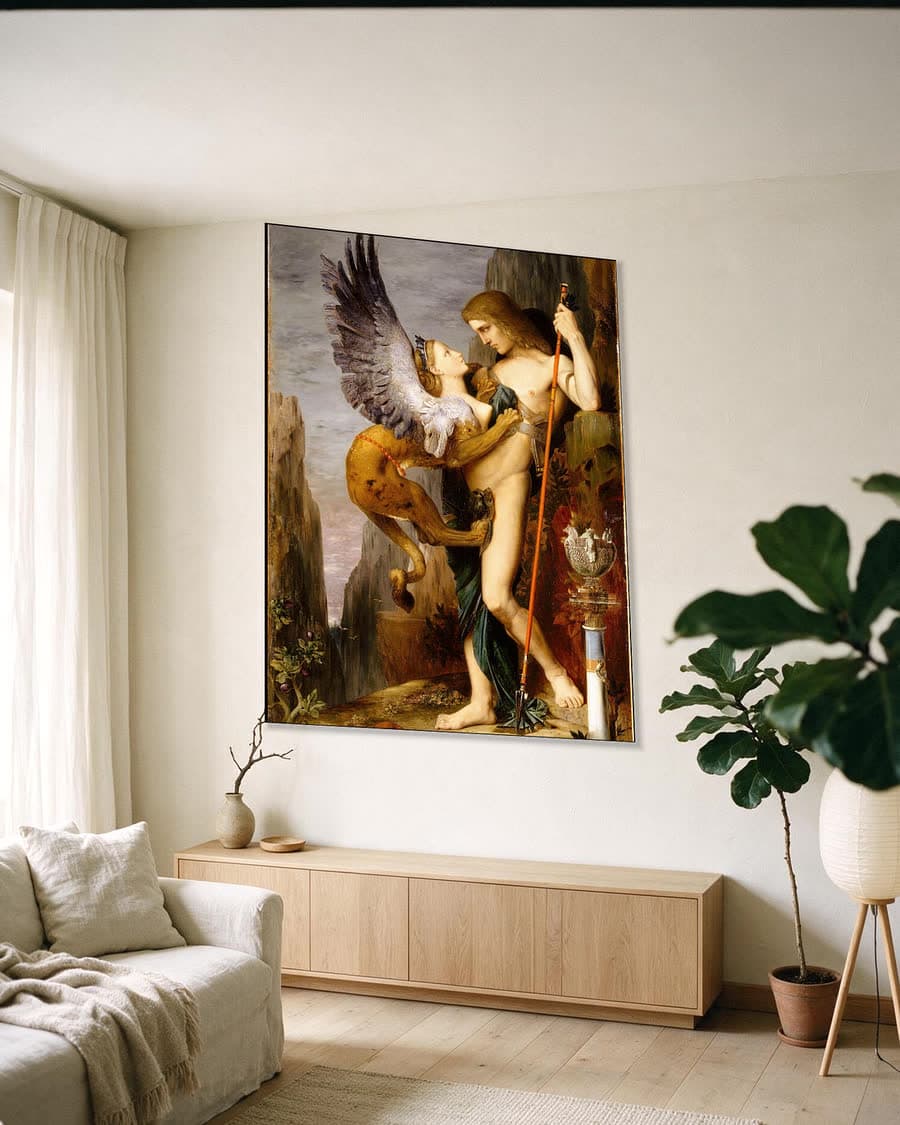 Oedipus en de Sfinx in een aluminium frame aan dezelfde muur