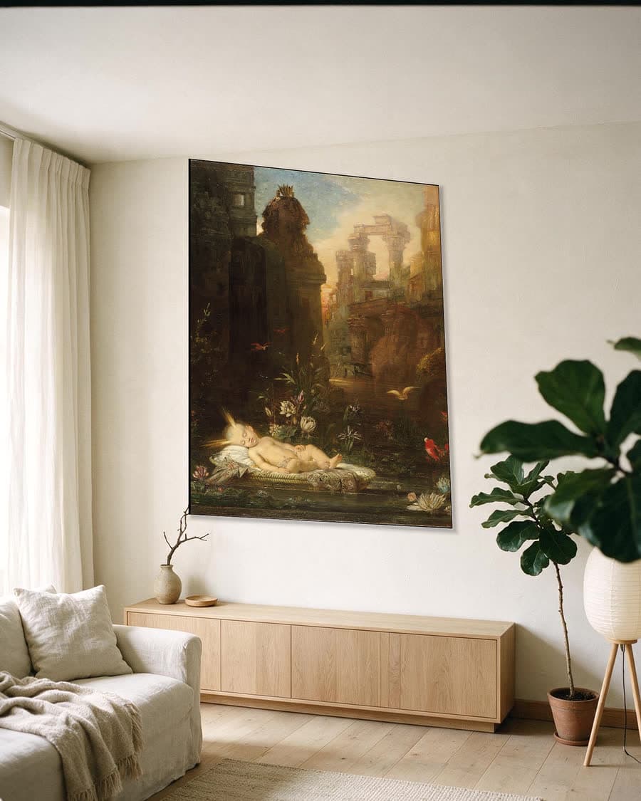 De kleine Mozes in een aluminium frame aan dezelfde muur