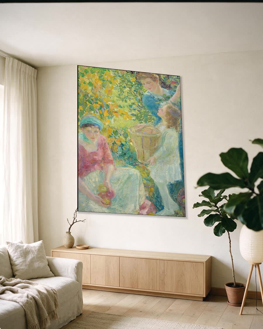 De appelplukkers in een aluminium frame aan dezelfde muur