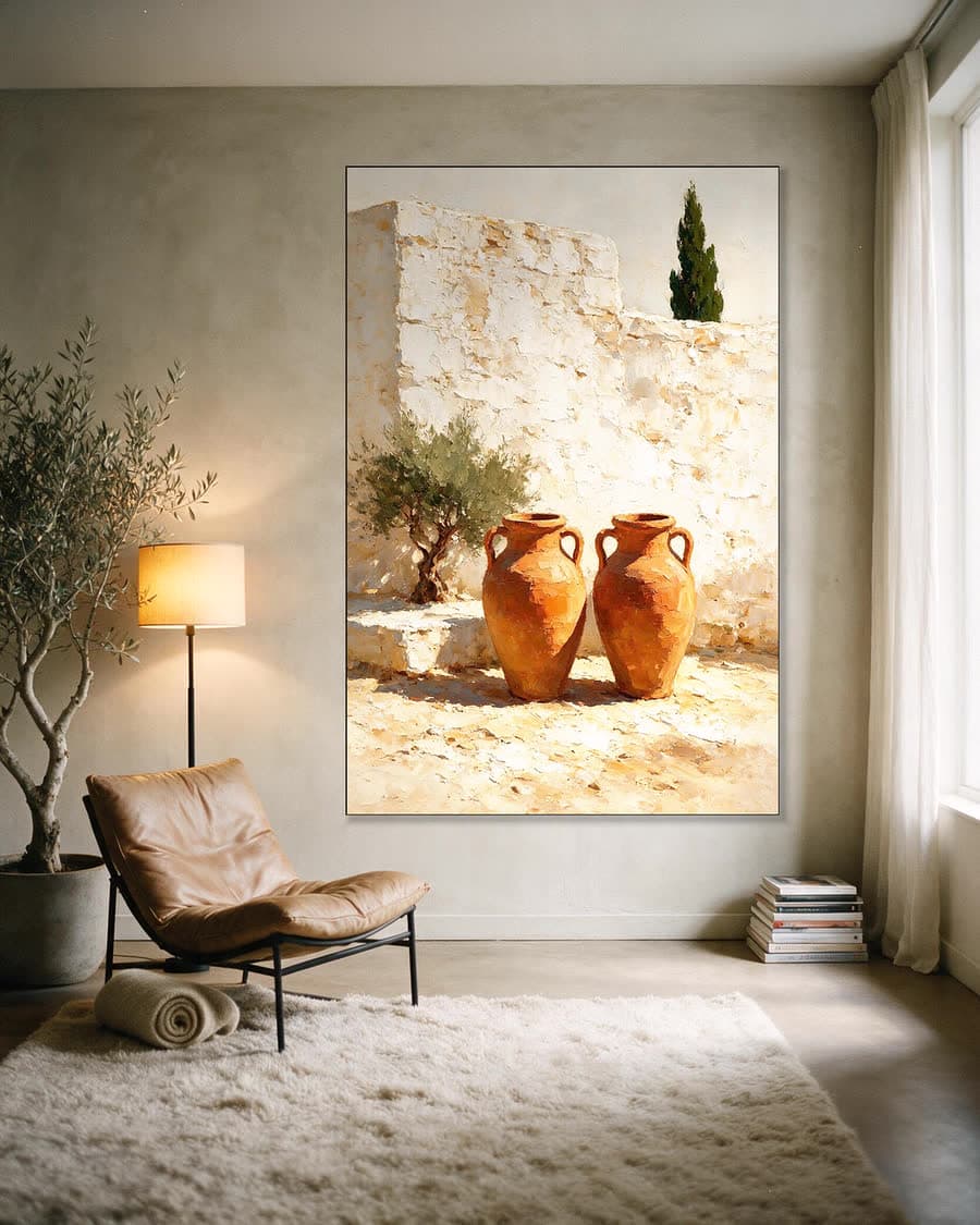 Twee terracotta potten in een aluminium frame aan dezelfde muur